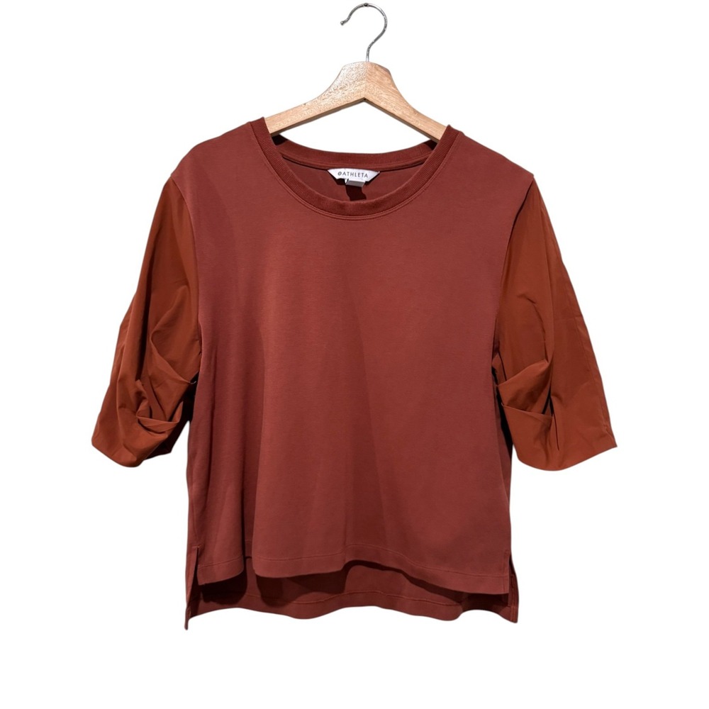 Athleta Harlow Hybrid Shirt Women Sz S Oversized Rust Red Puff Sleeve Crewneck